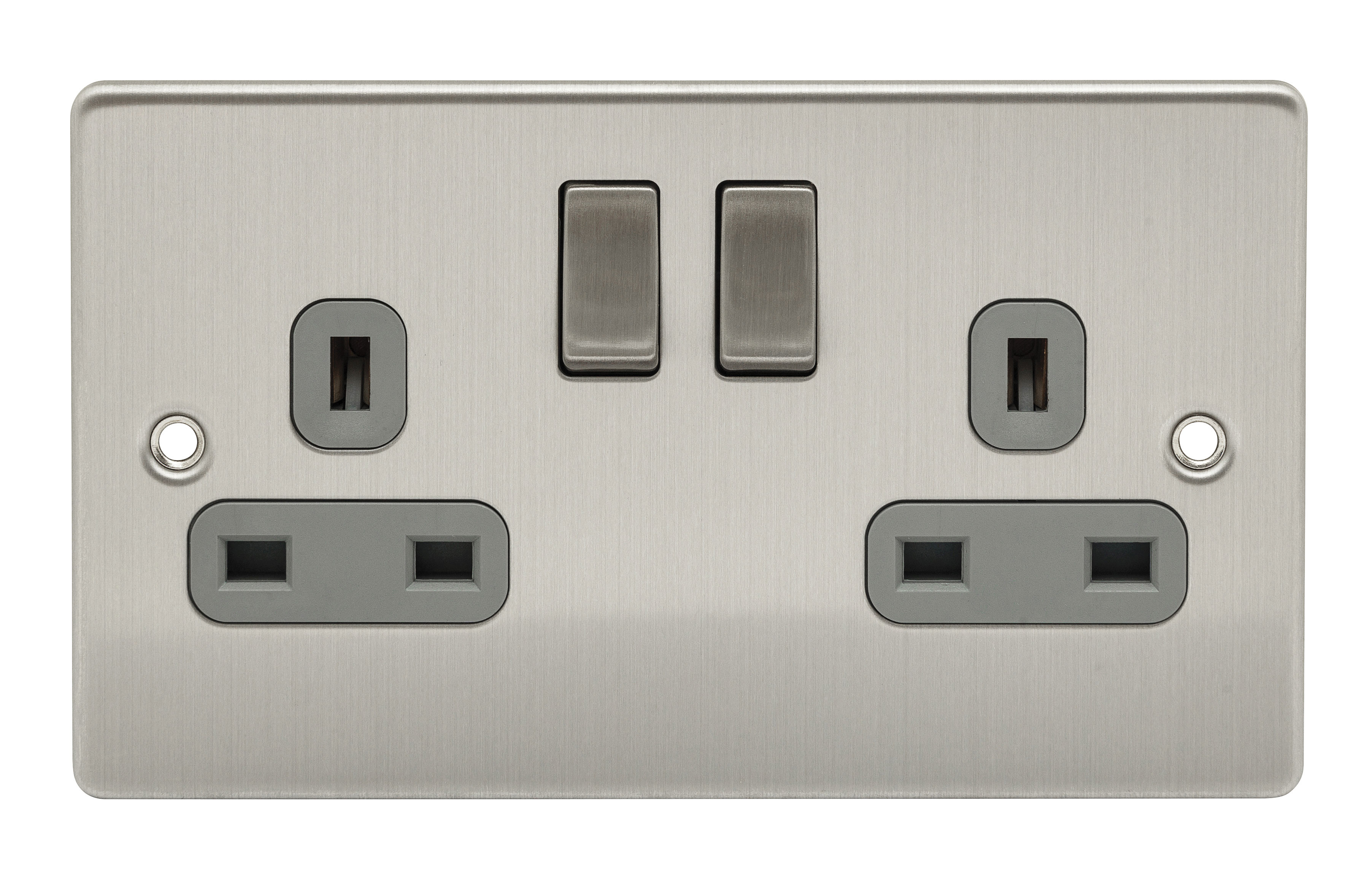 PREMIUM EDGE S BRUSHED CHROME 2 GANG SWITCHED SOCKET WITH GREY INSERTS