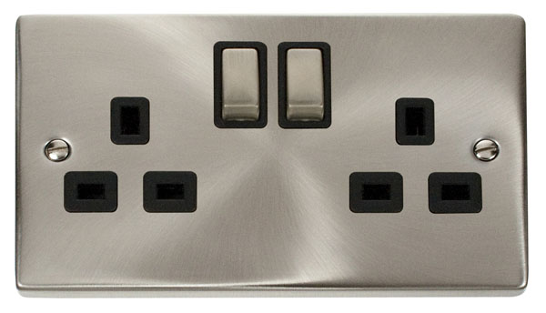 CLICK DECO 13A 2 GANG SWITCHED SOCKET VICTORIAN SATIN CHROME BLACK