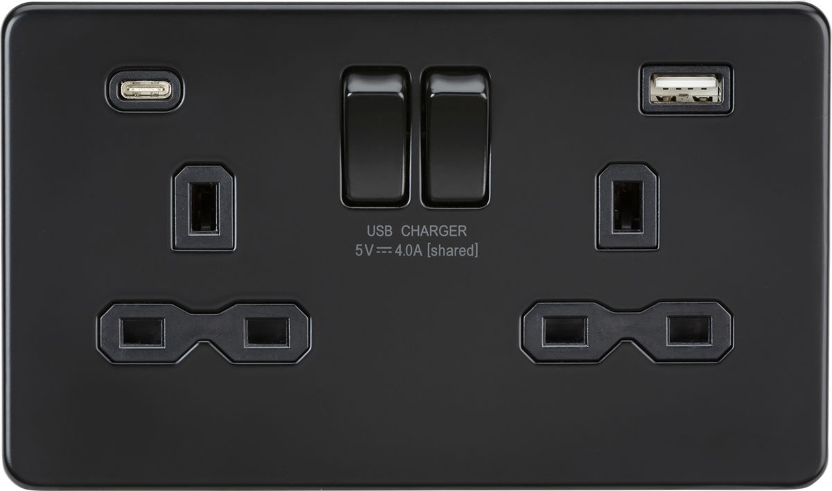 KNIGHTSBRDGE 13A 2G SWITCHED SOCKET DUAL USB CHARGER (2.4A) MATT BLACK
