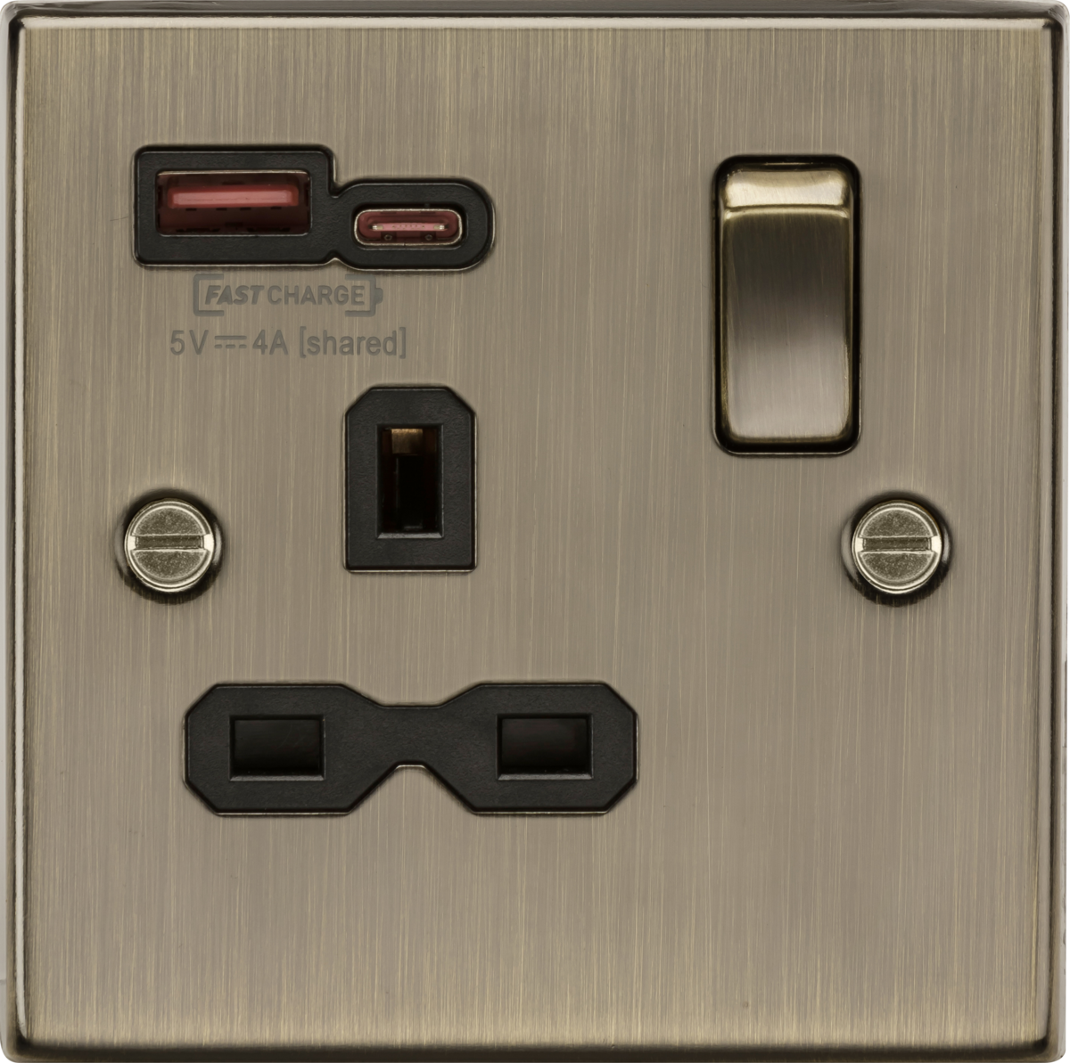 KNIGHTSBRIDGE SQUARE EDGE ANTIQUE BRASS 13A 1G SP SWITCHED SOCKET WITH USB A+C (12V DC 1.5A) MAX 18W