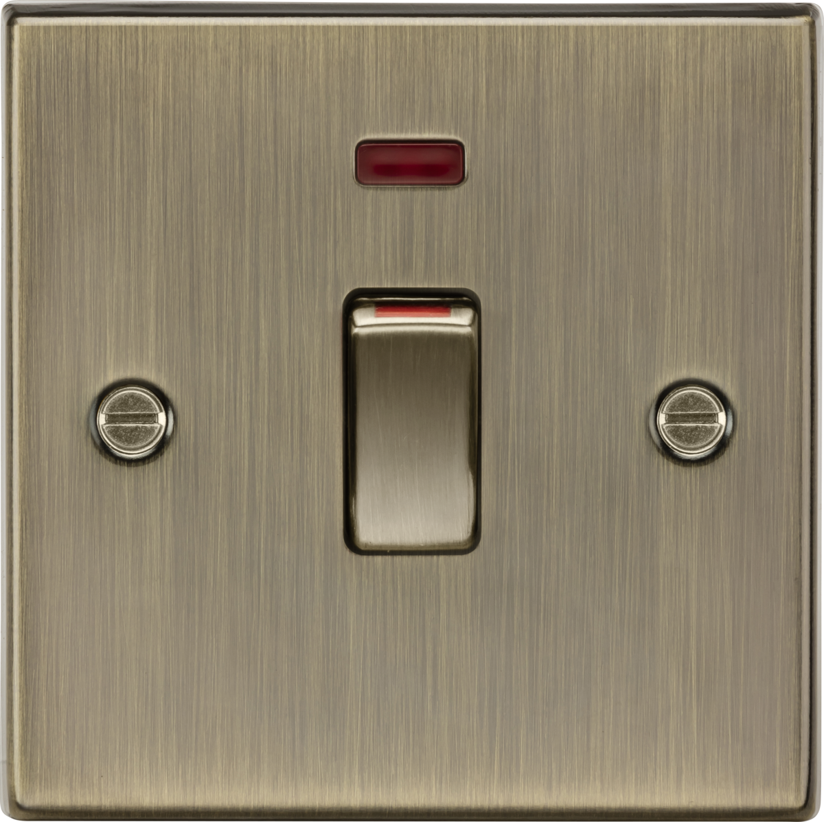 KNIGHTSBRIDGE SQUARE EDGE ANTIQUE BRASS 45A COOKER SWITCH + NEON (1G SIZE)