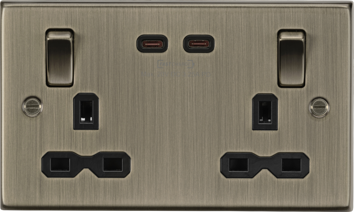 KNIGHTSBRIDGE SQUARE EDGE ANTIQUE BRASS 13A 2G DP SWITCHED SOCKET WITH DUAL USB-C (20V DC 3.25A) MAX 65W- FAST CHARGE