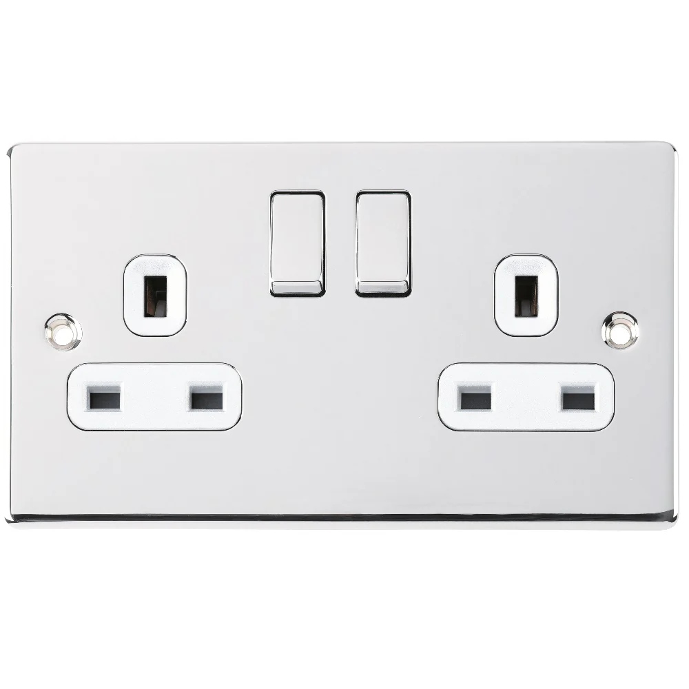 NIGLON PREMIUM EDGE 13A 2 GANG SWITCHED SOCKET POLISHED CHROME WHITE INSERT