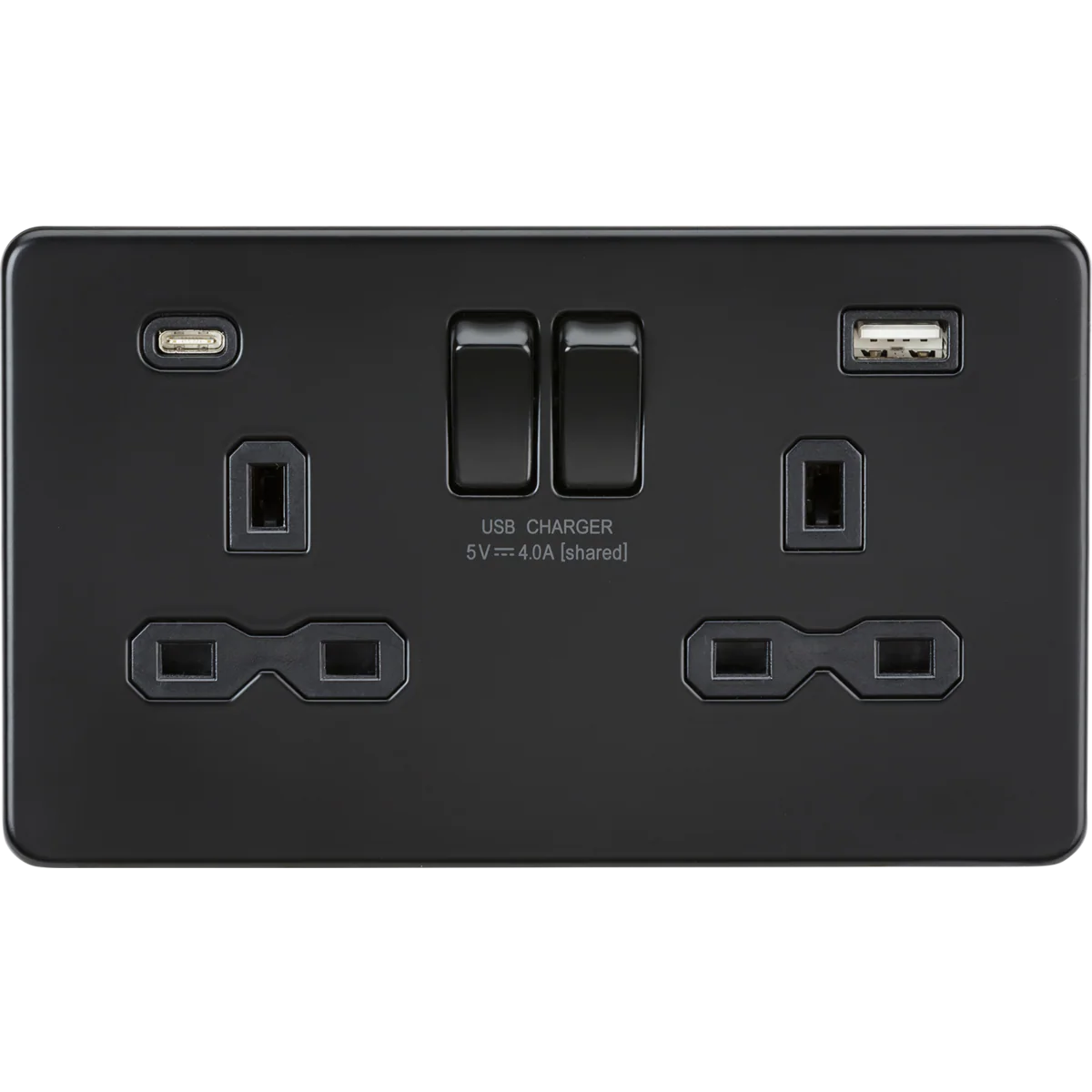 KNIGHTSBRIDGE MATT BLACK SCREWLESS DOUBLE SOCKET WITH DUAL USB (A+C)