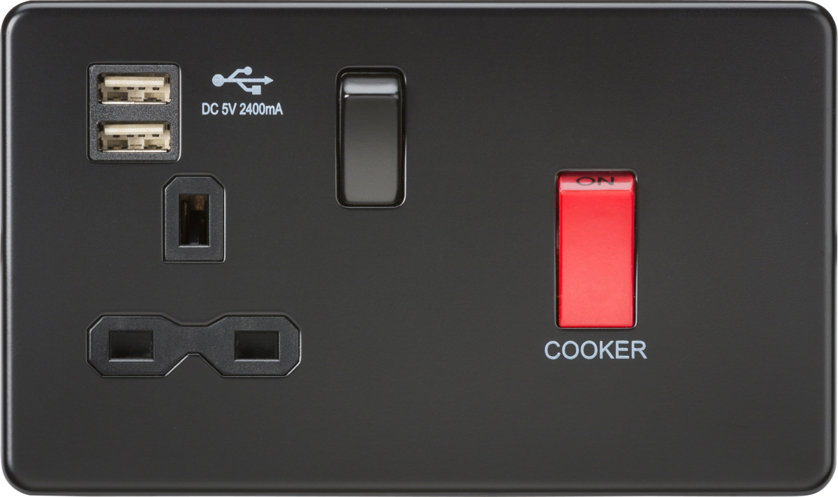 KNIGHTSBRIDGE 45A DP SWITCH & 13A 1G SOCKET WITH DUAL USB CHARGER (2.4A) MATT BLACK 