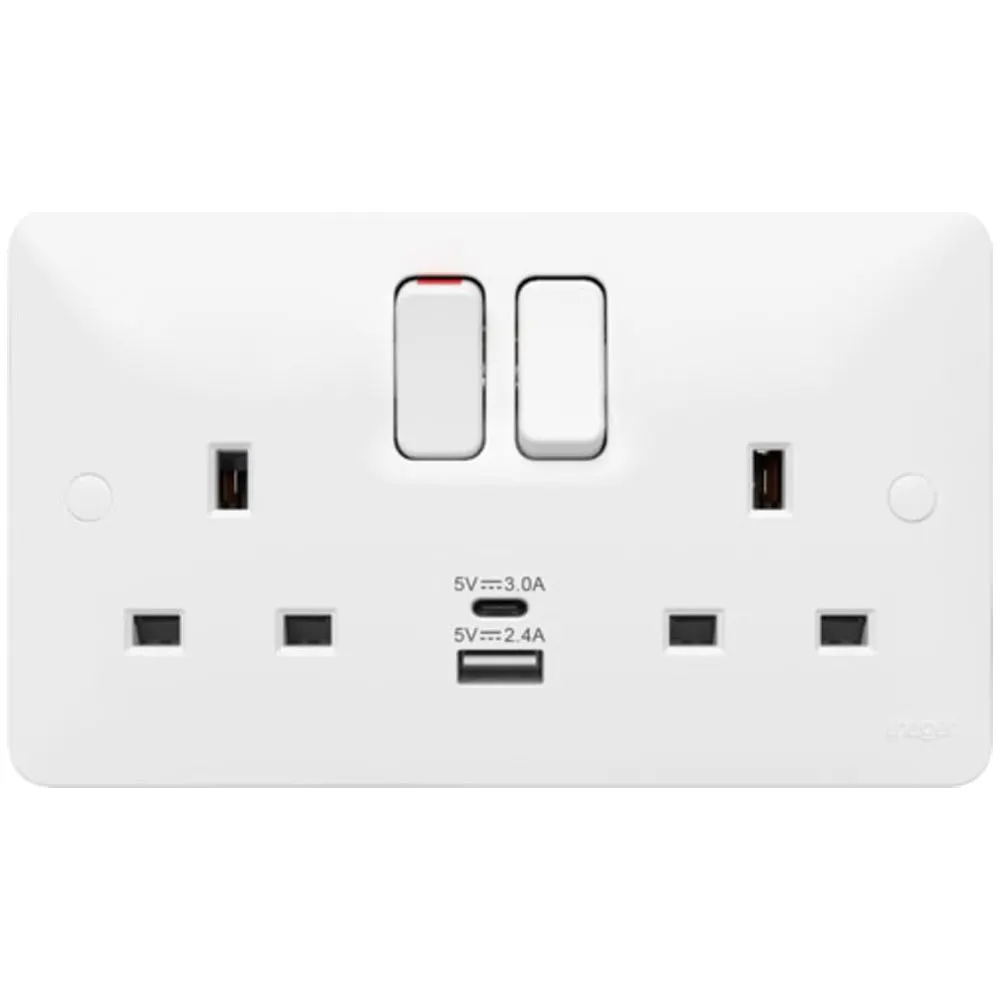 HAGER SOLLYSTA 13A 2 GANG SWITCHED SOCKET C/W USB A+C